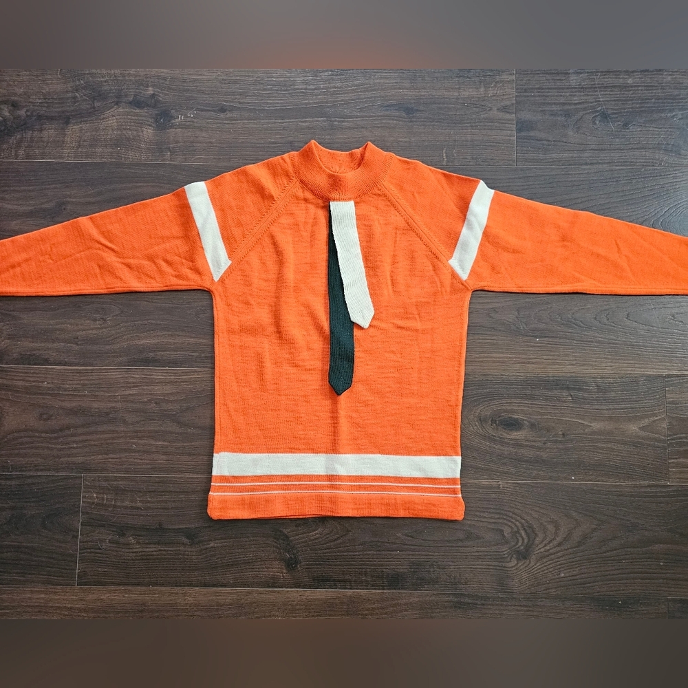 1970s Phildephia Flyers Orange Sweater with White Stripes Wool Black Tie Detail